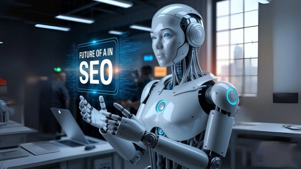 Robot showing Future of AI in SEO text in a modern tech office